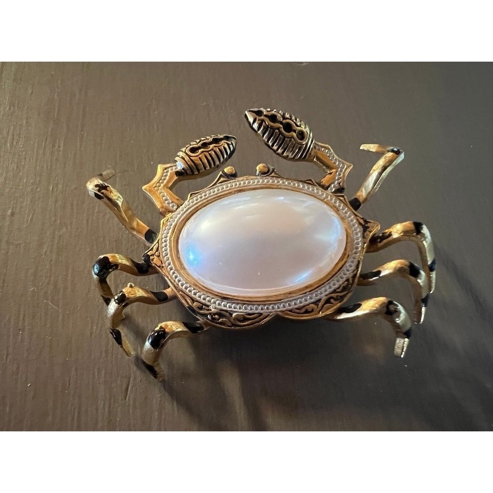 Vintage Crab Brooch Gold White Faux Pearl Enamel Spain Pin Coastal Nautical
